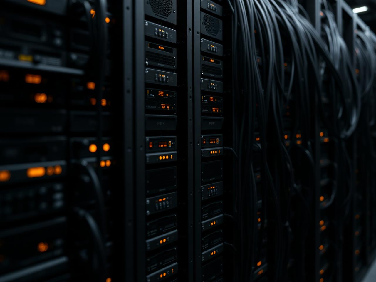 Dense GPU server racks and fiber cabling in a compute cluster