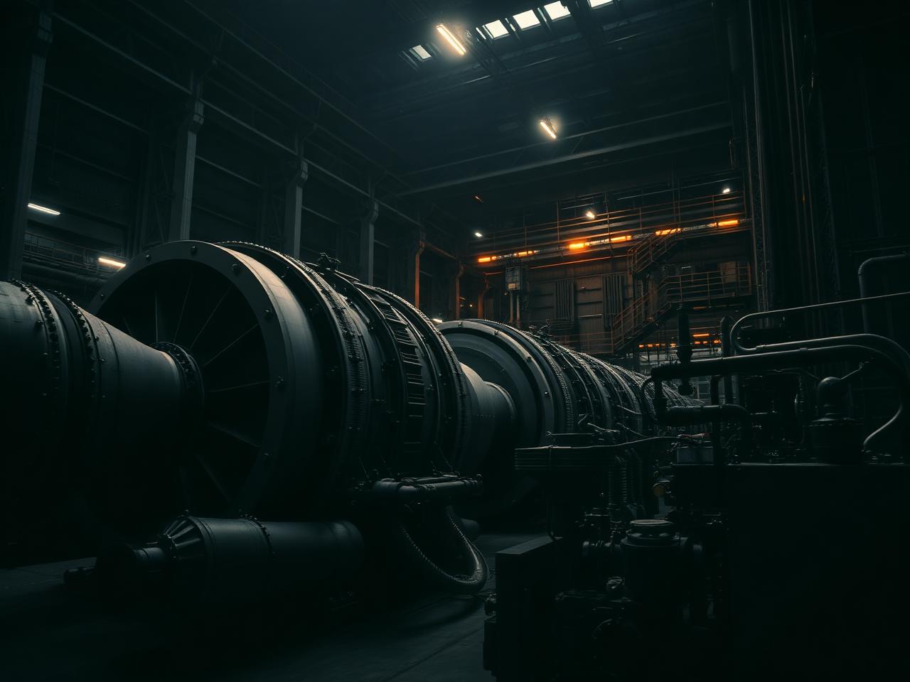 Turbine generators inside an industrial power generation hall
